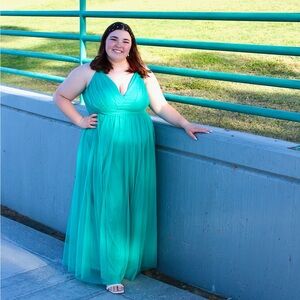 Emerald Sundae Green Deep V Tulle Prom or Bridesmaid Dress